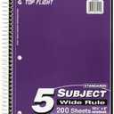 Top Flight Standards 5-Subject Wirebound Notebook, 200 Sheets, 3-Hole Punched, Wide Rule, 10.5 x 8 Inches, 1 Notebook, Color May Vary (31412)