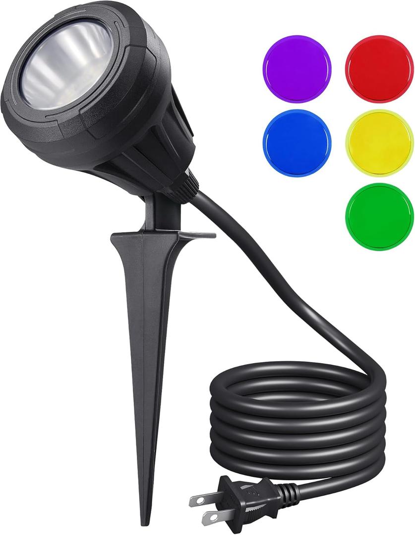 EDISHINE 120V LED Outdoor Spotlight, 5 Extra Lenses (RGB Purple Blue), 5.5W 5000K Plug in Spotlight Outdoor, Waterproof Landscape Light for Yard, Holiday Tree Flag Light, UL Listed (1Pack, Black)