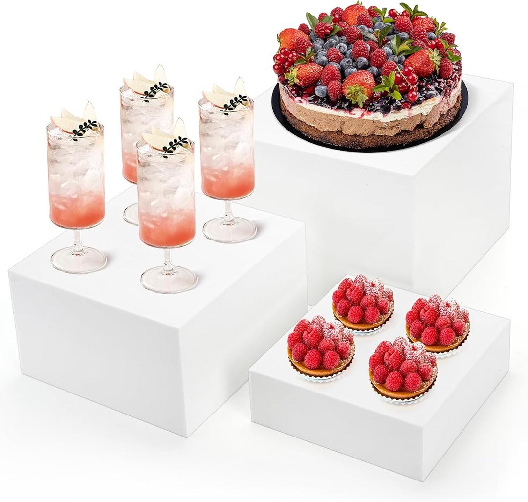 Hacaroa Set of 3 Acrylic Cube Riser Hollow Bottom, 6/7/8 Inch Small Glossy White Buffet Riser Food Display Stand, 5 Sides Cupcake Stand Nesting Display Box for Jewelry, Collectibles, Figures, 3 Sizes