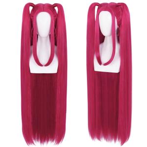 Rose Red Pink Wig with Bangs Long Straight Hot Pink Cosplay Wigs with 2 Ponytails Red Anime Wigs for Singers Cosplay Halloween Costume Outfit Party+Hair Cap