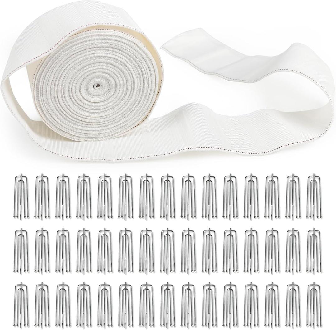 Curtain Pleat Tape - 12 Meters/13 Yards with 45 Stainless Steel 4 Prongs Hooks for DIY Pinch Pleat White