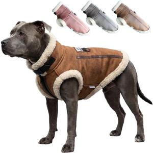 Retro Aviator Dog Jacket Faux Leather Winter Coat with Plush Sherpa Fleece Lining for Bulldog, Windproof Pilot Clothes for Puppy Pitbull, Windbreaker for Boy Girl Pet, Coffee XXL