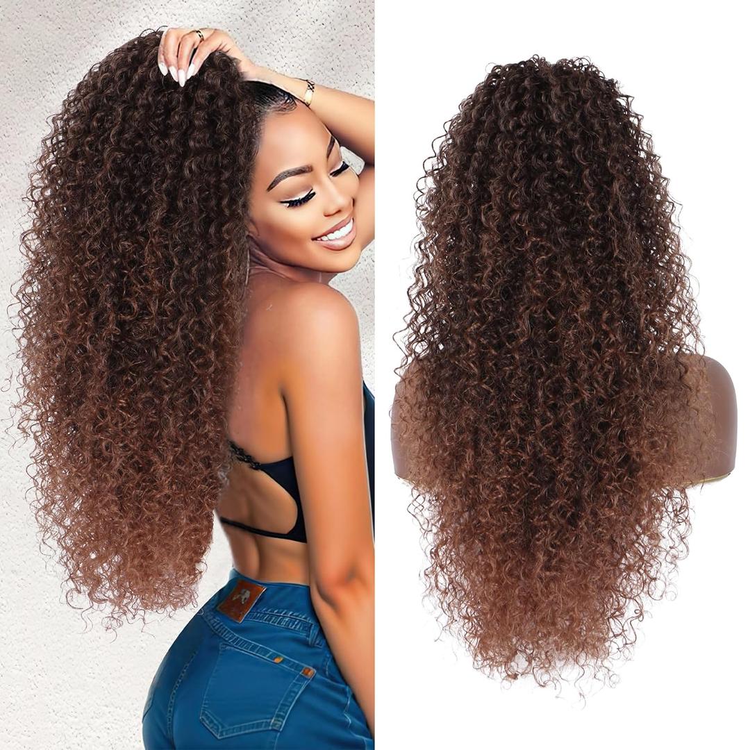 27 Inch Drawstring Ponytail Extension for Black Women Deep Curly Ponytail Extension Synthetic Mixed with Human Hair Hairpieces Afro Kinky Curly Pony Tail for Daily Use (Brown)