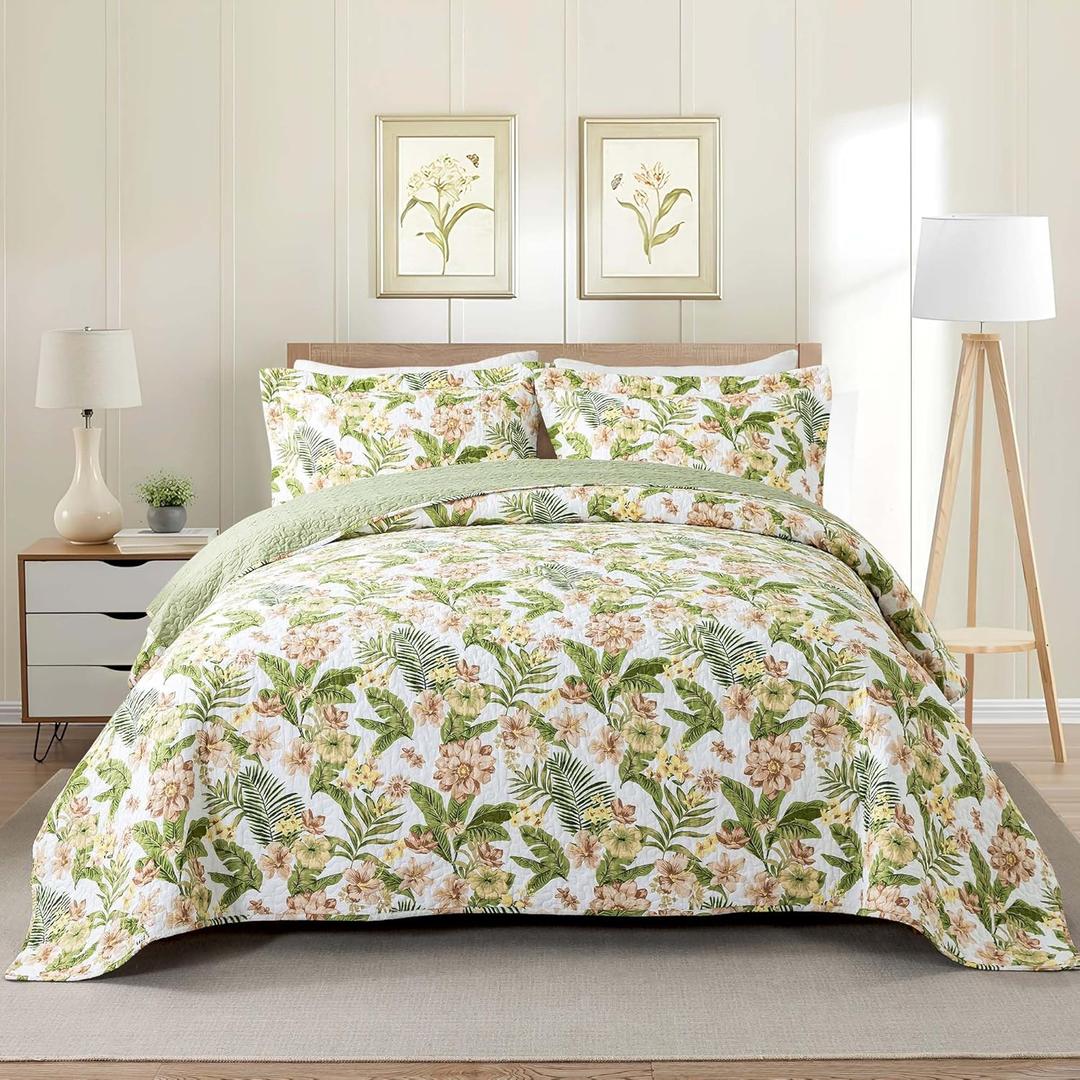 NEWLAKE Cotton Bedspread Quilt Sets - Reversible Patchwork Coverlet Set, Green/Pink Floral Pattern, Queen Size