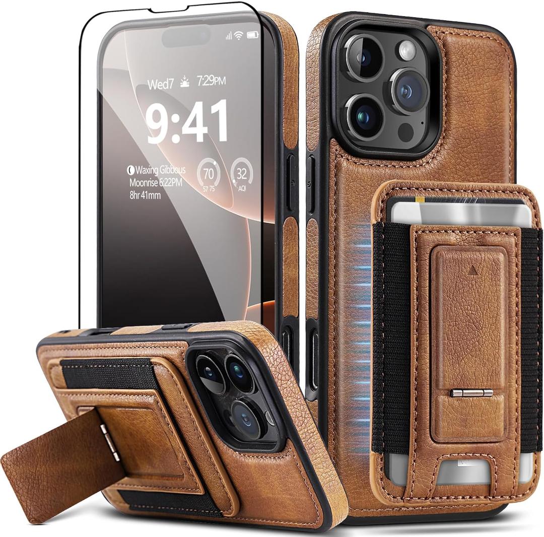 for iPhone 16 Pro Max Leather Case with Card Holder & Kickstand, [Compatible with Magsafe] Protection Slim Phone Cover with Stand (Brown, iPhone 16 Pro Max)
