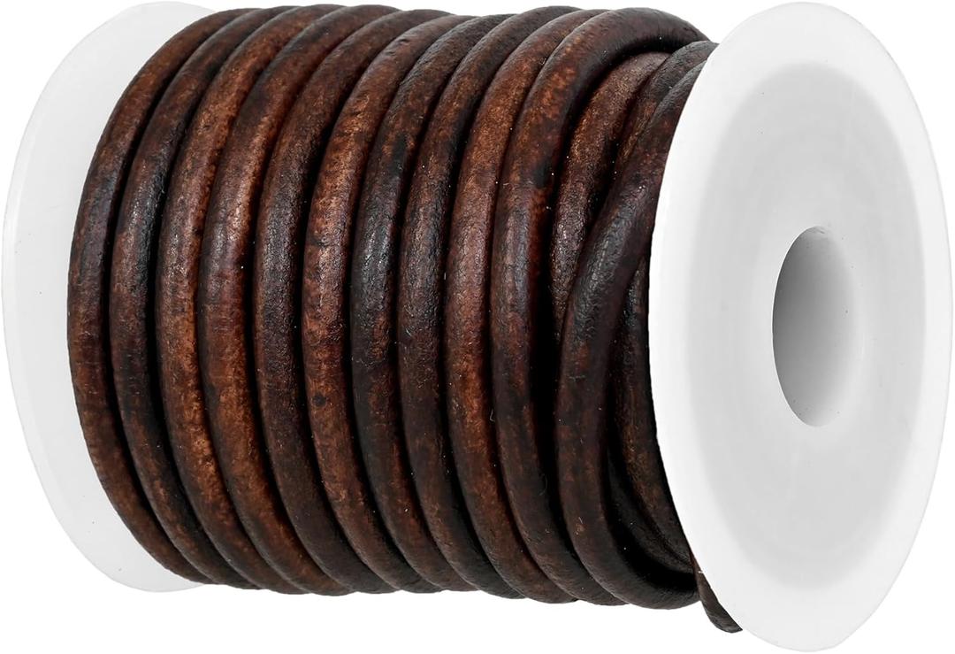 GENIQUE Real/Genuine Round Leather String Cord for Necklace, Bracelets, Jewellery, Braiding (4mm, Antique Brown Distressed)