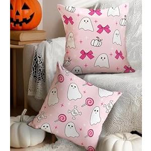Puresora Halloween Pillow Covers 18x18 Set of 2 Throw Pillow Cases Soft Cushion Case Pillowcase for Chair Sofa Bedroom Living Room Home Decor, Pink