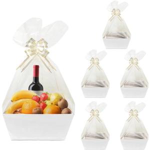 Worown 6 Pack White Cardboard Basket for Gifts Empty, 8 x 10 Inch Kraft Basket Kit with Bags and Pull Bows for Packing Gift on Easter, Christmas, Birthday, Wedding