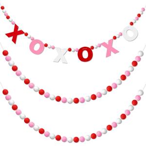 Breling 3 Pieces Valentine's Day Garland Felt Ball Garland, 10ft Pompom Valentines Decorations Banner for Mantle Fireplace Room Valentine Hanging Decor(XOXO) (XOXO)