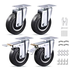 5 Inch Caster Wheels Set of 4 Heavy Duty, 1120 Lbs Dust-Proof Rubber Casters, Locking Swivel Wheels for Workbench, Cart, Furniture & Tool Box (Hardware Kits & Gloves Included)