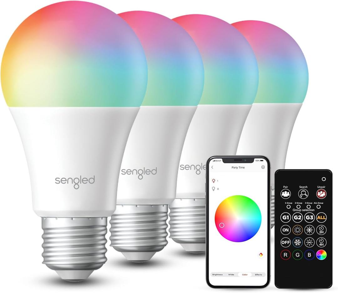 Sengled Dual Mode Smart Light Bulbs with Remote & App Control, Color Changing Light Bulbs, RGBW LED Bulbs 2700K-6500K Dimmable, 60W, Local Group Control (4P+ 1 Remote, No Support Alexa & Google)