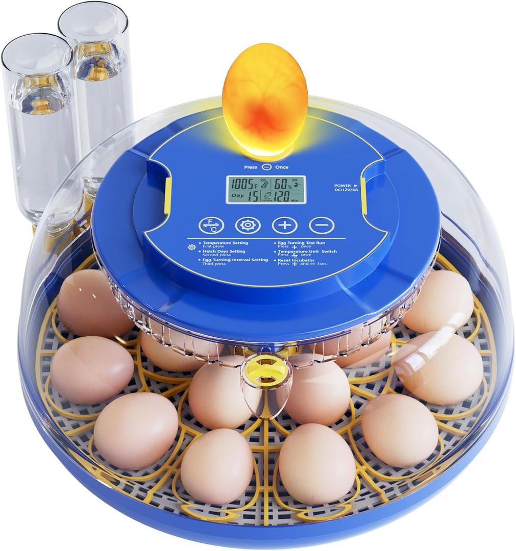 Articasting 18 Egg Chicken Incubators for Hatching Eggs, Egg Incubator with Automatic Egg Turning and Humidity Control, Incubator for Chicken Eggs with 2 Size Trays, Hatch Days, Blue