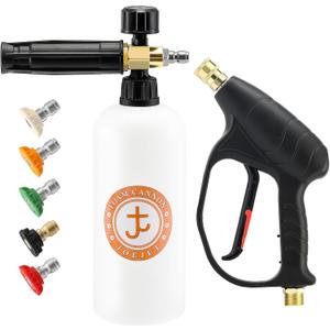 JOEJET Pressure Washer Gun with Foam Cannon, Car Wash Foam Gun with 1/4 Quick Connector, 5 Pressure Washer Nozzle Tips, 1 Liter