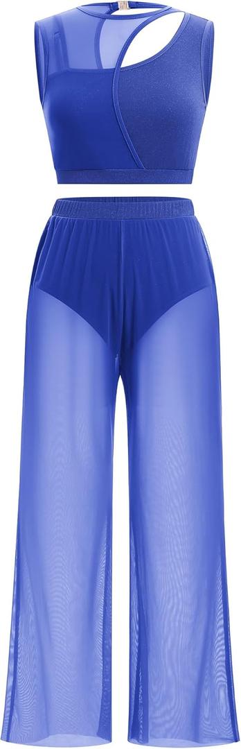 ODASDO Women Lyrical Dance Costumes Two Piece Outfit Tank Crop Tops with Mesh Wide Leg Pants Set (Medium, Royal Blue)