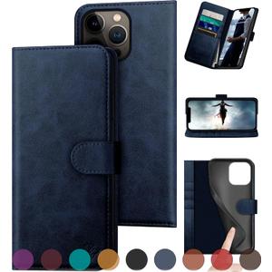 DuckSky for iPhone 15 Pro 6.1" Genuine Leather Wallet case RFID Blocking4 Credit Card HolderReal Leather Flip Folio Book Phone case Protective Cover Women Men for Apple 15 Pro case Dark Blue