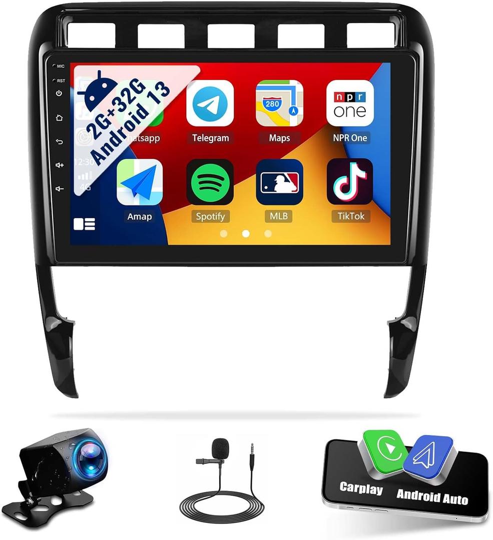 SIXWIN Android 13 Car Radio for Porsche Cayenne 2003-2010 2G+32G with Apple Carplay Android Auto Mirror Link 26UI Bluetooth 9 inch Touchscreen with GPS Navigation WiFi EQ FM Backup Camera MIC