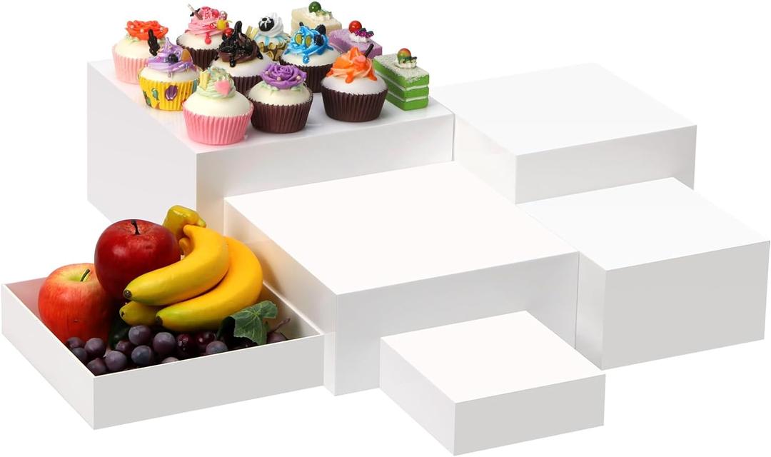 6 Pack Acrylic Display Boxes Cube Riser, Food Stands for Party Buffet, White Cake Stand Square Set, Dessert Table Nesting Jewelry Holder