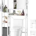 Over The Toilet Storage Cabinet with Doors - 7 Tier Bathroom Organizer with Adjustable Shelf, Freestanding Space Saver Rack Above Toilet Stand with 4 Hooks for Bathroom, Restroom, Laundry, White
