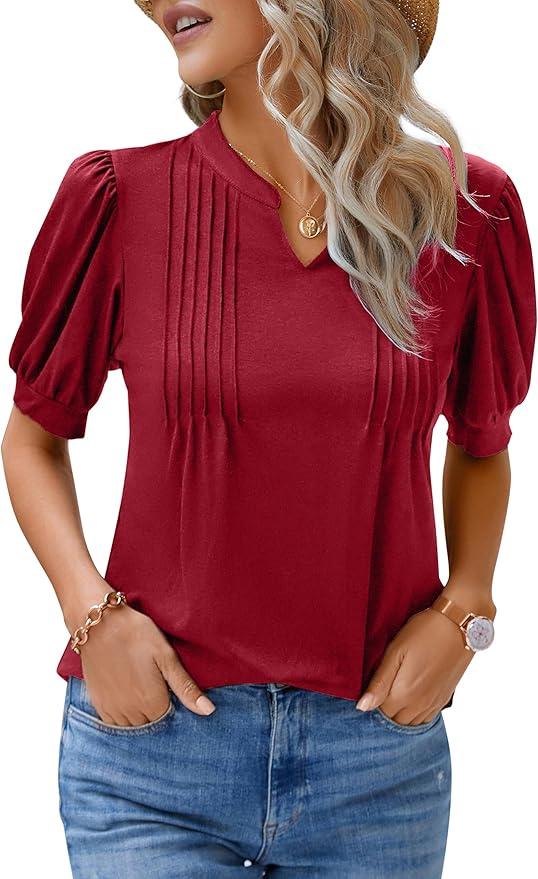 Blooming Jelly Womens Dressy Casual Tops Puff Sleeve Work Blouses Pleated V Neck T Shirts Size L