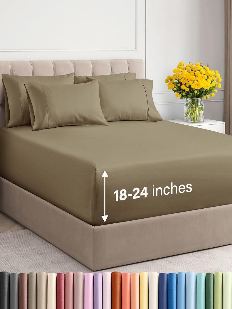 Extra Deep Cal King Sheet Set - 6 Piece Breathable & Cooling Sheets - Hotel Luxury Bed Sheets Set - Easy & Secure Fit - Soft, Wrinkle Free & Comfy Sheets Set - Khaki Sheet Set with Extra Deep Pockets