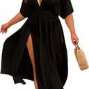 SWOMOG Women Plus Size Swimsuit Cover Up Bikini Bathing Suit Sexy Deep V Neck Swim Beach Dresses Summer Beachwear (Black, Plus Size 26W)