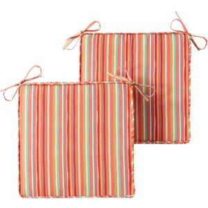 Outdoor 18 inch Square Patio Dining Chair Pads Comfortable Fiber-Filled Seat Cushions with Ties, Reversible Polyester Fabric - Watermelon Stripe, Set of 2