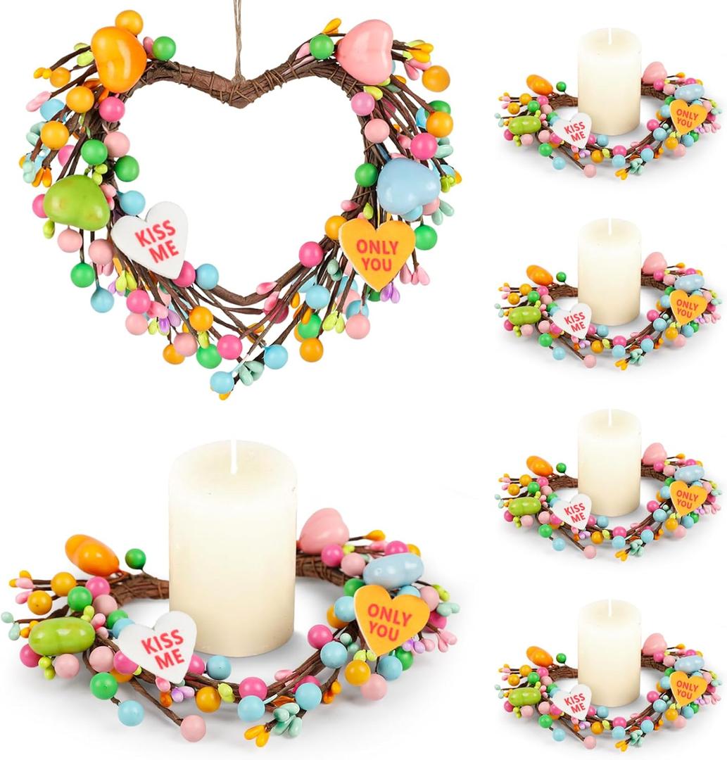 2 x Valentine Candle Rings, 6 Pcs Conversation Heart Decor for Pillar Candles, Pink Felt Mini Wreath with Love Messages for Table, Cabinet, Candy Heart Centerpiece, Wedding & Home Decor