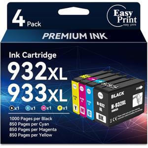 EASYPRINT Compatible 932XL 933XL Ink Cartridges BK/C/M/Y Replacement for HP 932XL 933XL 932 933 Compatible with Officejet 6100 6600 6700 7110 7510 7610 7612 7620 Printer 4 Pack