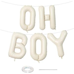 Large Beige Oh Boy Balloons, 40 Inch Cream White Sand OH BOY Balloon Letters with Ribbon, Neutral Ivory Alphabet Oh Boy Balloon for Baby Kid Boys Birthday Baby Shower Gender Reveal Party Decorations