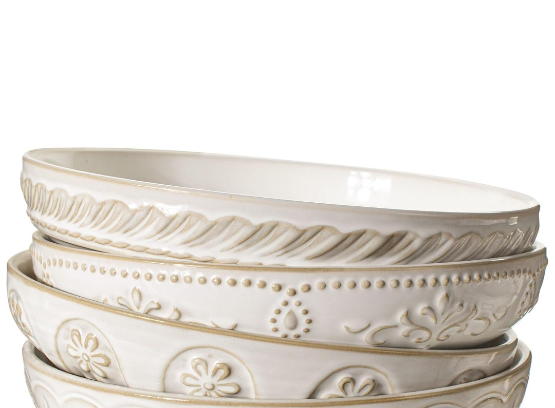 Artena Pasta Bowls, 50oz Large Salad Serving Bowls, 9.75'' Plates Bowls Set of 3, Big White Ceramic Soup Bowls for Kitchen, Embossment Shallow Dinner Bowl, Microwave Dishwasher Safe, Multiple Patterns