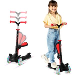Kids Scooter  Foldable Seat  LED Wheel Lights Illuminate When Rolling  Children and Toddler 3 Wheel Kick Scooter  Adjustable Handlebar  Indoor and Outdoor- by Lifemaster (Black)