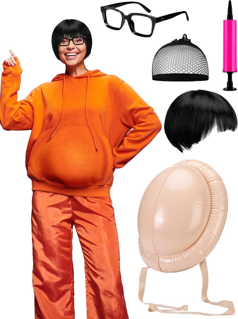 Lyrow 4 Pcs Halloween Criminal Costume Accessories Include Short Black Wig Inflatable Fake Belly Black Square Glasses for Halloween Tracksuit Set Cosplay Accessories
