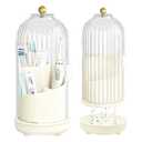 Multifunctional Rotating Toothbrush Holders with Sliding Lid and Draining Tray, 3-Slot Bathroom Countertop Vanity Organizer for Tooth Brush, Toothpaste, and Makeup Brushes Holder Storage (White)