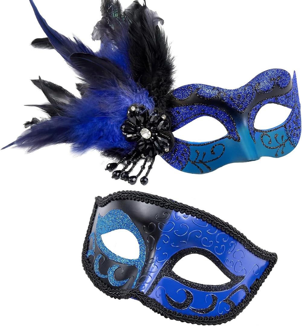 2024 New Masquerade Mask with Feather for Couples - Women's Masquerade Mask with Feather & Men Venetian Costume Mask (Black Blue)