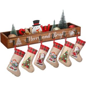 1 Pcs Christmas Stocking Holder Multi Uses Decorative Wooden Box with 6 Hooks Mantle Stockings Hanger Gift Box Stocking Holder Wooden Table Centerpiece for Xmas Holiday Festival (Jingle Bell)