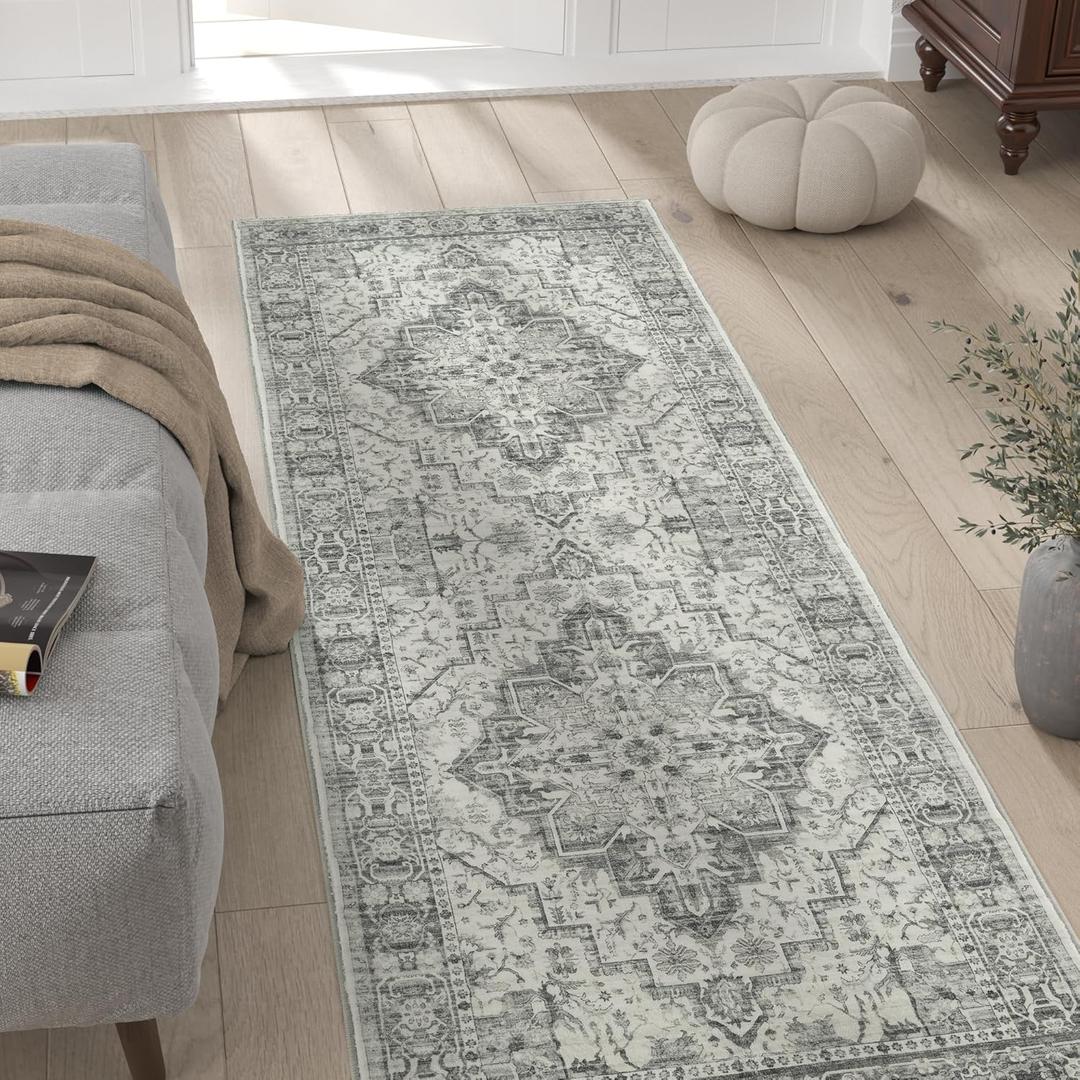jinchan Runner Rug 2x6 Vintage Hallway Boho Washable Floral Kitchen Runner Rug Retro Accent Non Slip Tribal Distressed Soft Carpet for Bedroom Bathroom Laundry Room Doorway Grey