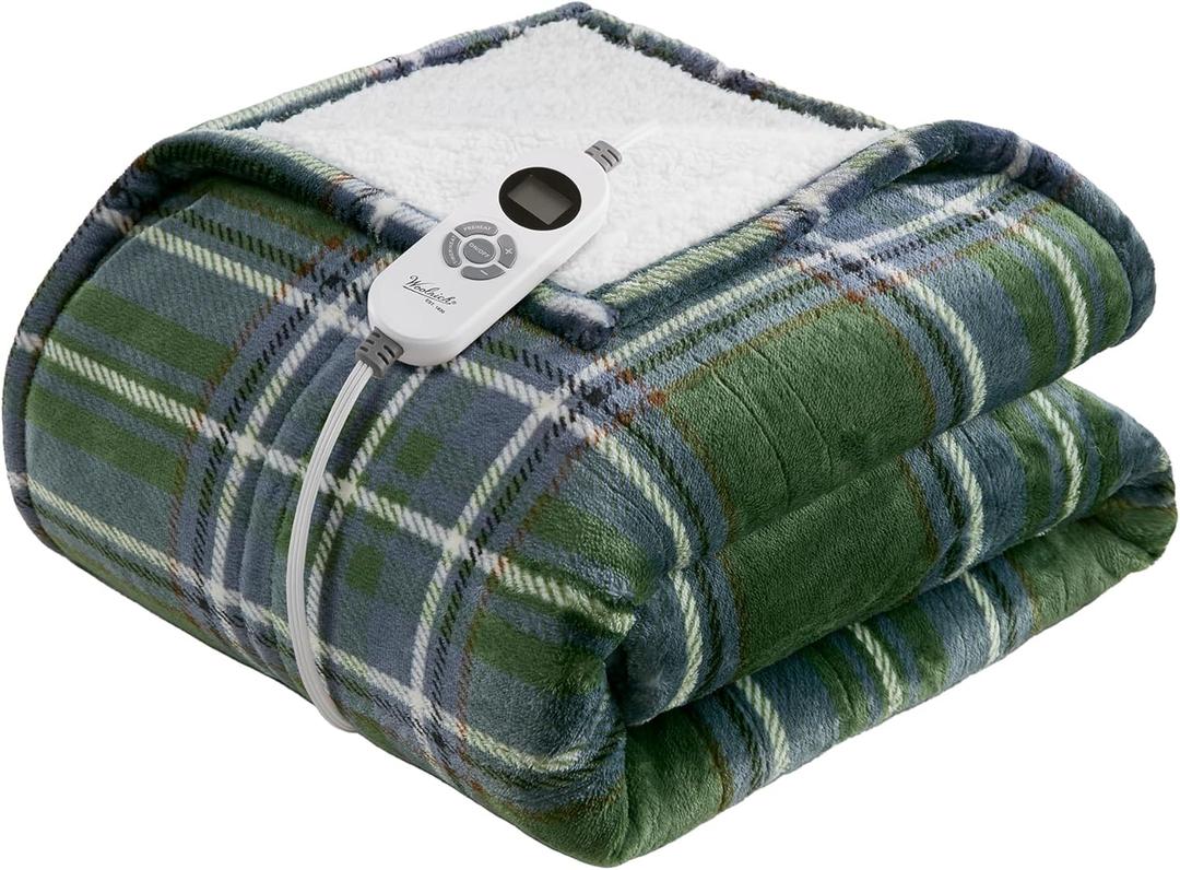 Woolrich Heated Throw Blanket with Ultra Soft Plush and Sherpa Reverse, 12 Heat Settings, Auto Shut-Off, Farmhouse & English Country Gift Throw  Green Plaid Pattern, 50"x60"
