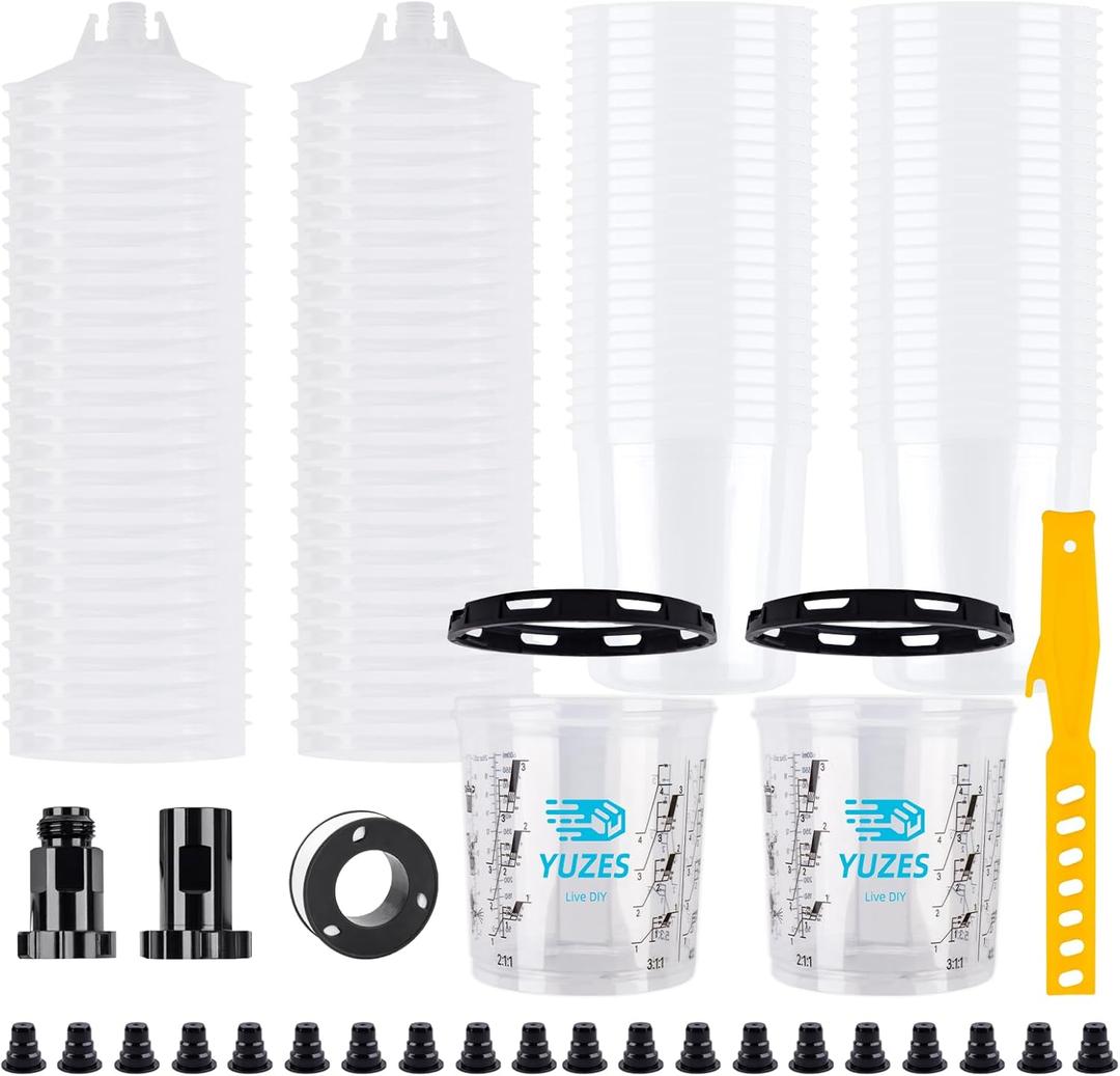 YUZES Disposable Paint Cups for Spray Gun 20oz (600ml), 50 Paint Cups with Lids, 2 Reusable Hard Cups & 2 Adapters, 20 Plugs, PTFE Tape, Stirrer, Disposable Paint Gun Cups for Mix, Spray & Store Paint
