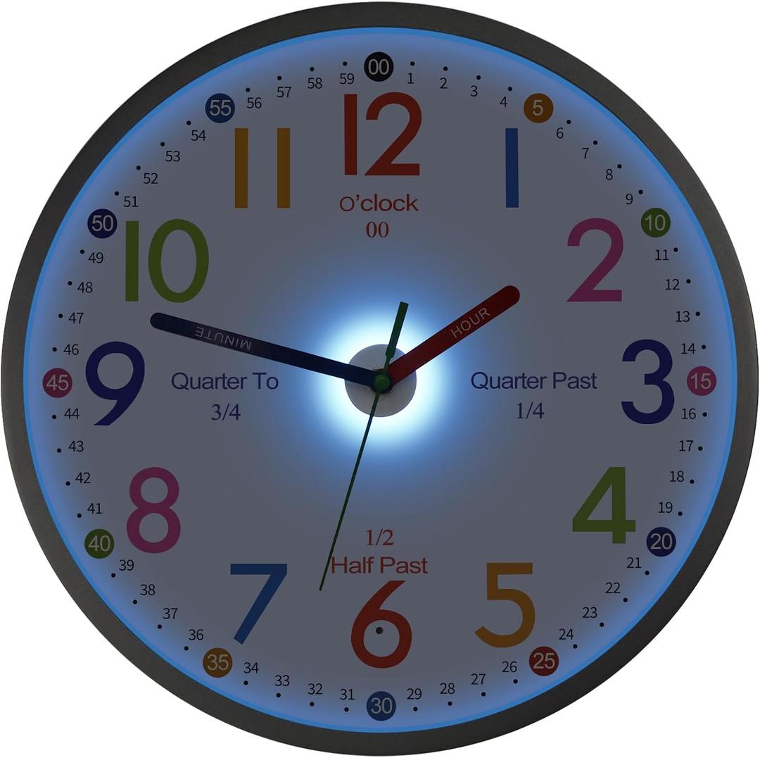 JoFomp Telling Time Teaching Clock, 12 Inch Illuminated Wall Clock for Kids Bedroom, LED Wall Clock Battery Operated, Silent Learning Clock for Kids, Teachers & Classroom, Light Sensor - Auto Lighting