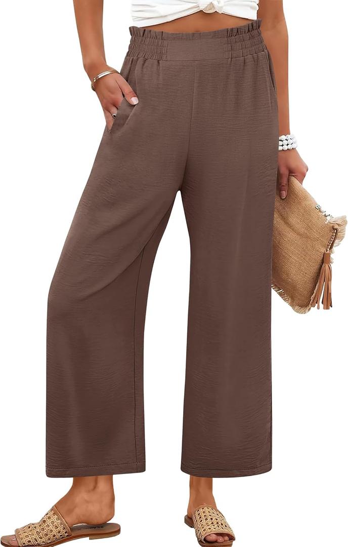 ANRABESS Womens Wide Leg Palazzo Pants Summer Beach High Waisted Cropped Flowy Pants 2026 Dressy Casual Trousers with Pockets (Small, Brown)
