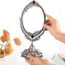 Feyarl Small Vintage Makeup Mirror Floral Tabletop Oval Vanity Mirror with Stand Dressing Room Swivel Double Sided Elegant Decorative Mirror Embossed Frame (Pewter)