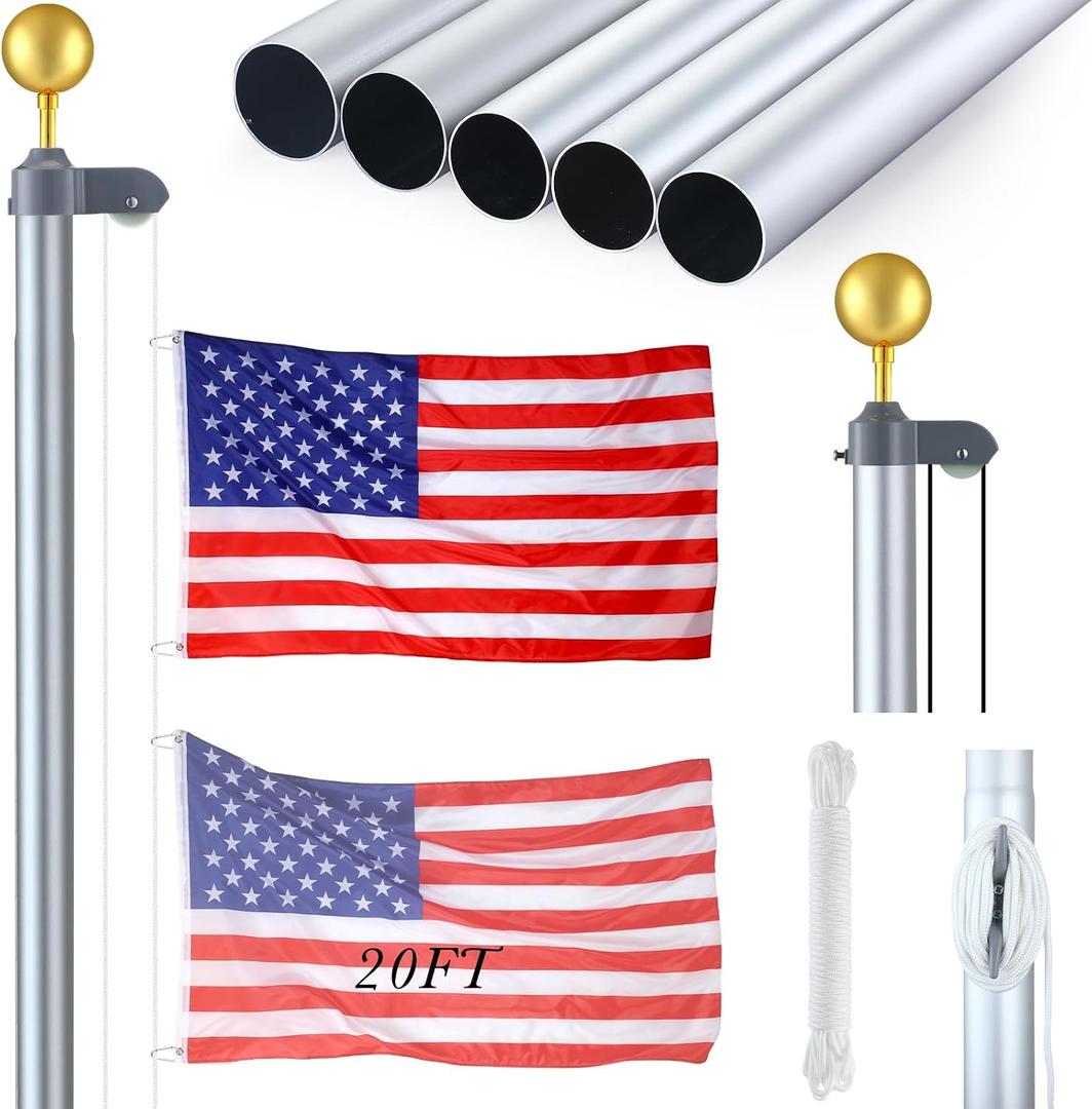 FuWeave Flag Poles for Outside House in Ground 20 ft Sectional Flag Pole Kit Extra Thick 16 Gauge Heavy Duty Aluminum Flag Pole with Gold Ball Top for Residential or Commercial(Silver)