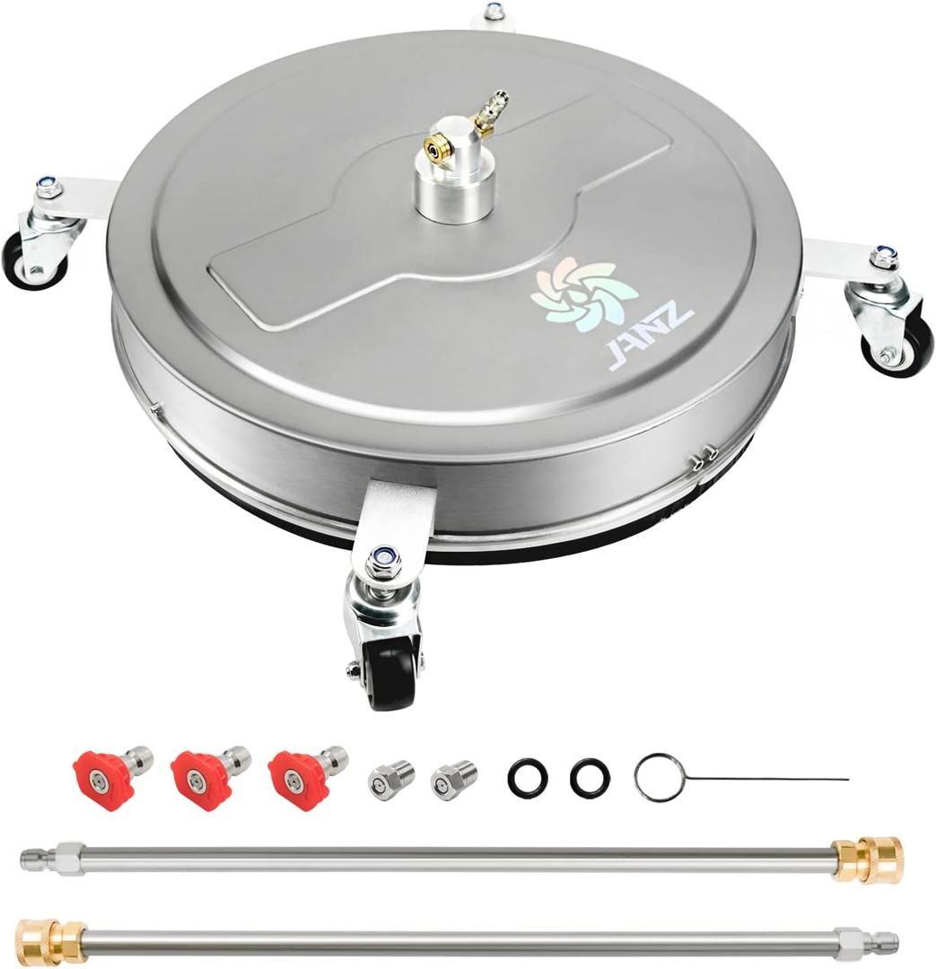 JANZ 20'' Pressure Washer Surface Cleaner with 4 Wheels, Stainless Steel Housing, 1/4" Quick Plug, 2 Extension Wands, 2 Replacement Nozzles and 3 Spray Nozzles, 4000 PSI