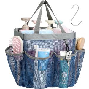 F-color Mesh Shower Caddy Portable - Navy Blue, Upgrade Deeper 7 Pockets Shower Bag Basket Tote for College Dorm Room Toiletry Bathroom Essentials Gym Camp Quick Dry 2 handles with S Hook