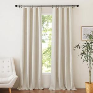 NICETOWN 100% Blackout Natural Beige Linen Curtains 90 inches Length 2 Panels Set with Thermal Insulated Liners for Bedroom, Farmhouse Style Room Cooling Small Window Draperies for Dining Room