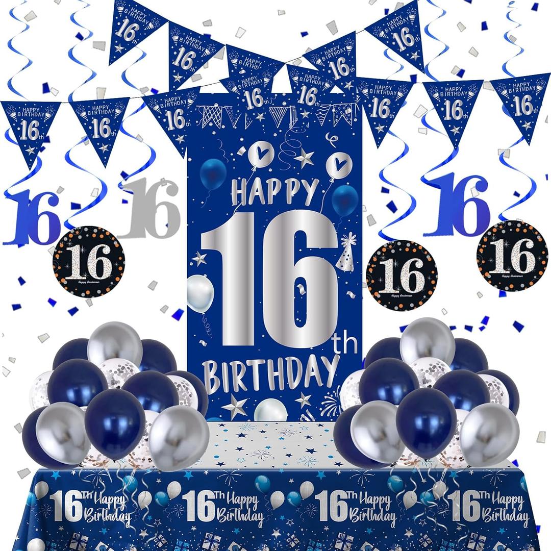 16th Birthday Decorations for Boys Girls, Blue Silver 16th Birthday Decorations Backdrop with Happy 16th Birthday Banner, Number 16 Hanging Swirls, Triangle Flag, 16 Years Old Party Decor Supplies