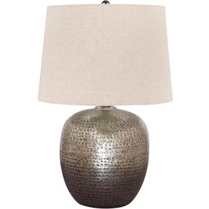Signature Design by Ashley Magalie Contemporary UL Listed Table Lamp with Modified Drum Shade, 3-Way Switch, Hammered Aluminum, 23.13" High, Antique Silver