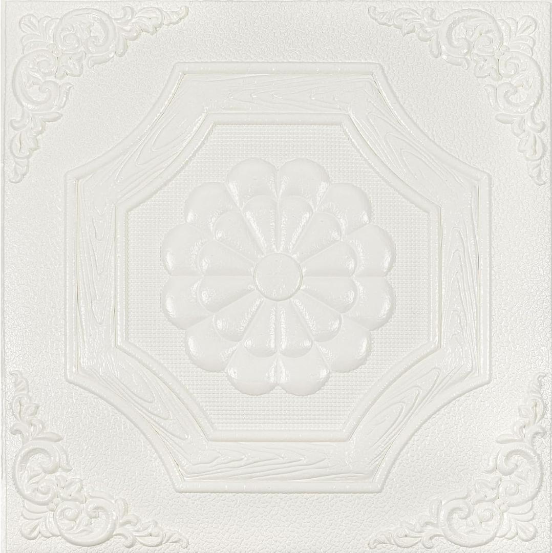 Ceiling Tiles Peel and Stick Waterproof 3D Foam Self-Adhesive Flower Ceiling Sticker 13.8 in×13.8 in, Pack of 32, Covering 42 sq.ft for roof and Wall