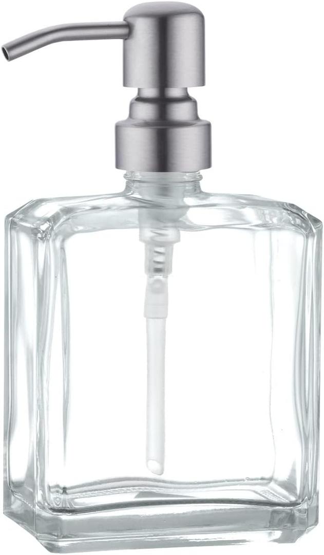Clear Glass Soap Dispenser with Brushed Nickel Pump, 13.5 OZ Liquid Soap Dispenser Square with Stainless Steel Pump for Dish Hand Soap Bathroom Kitchen Vanity Countertop