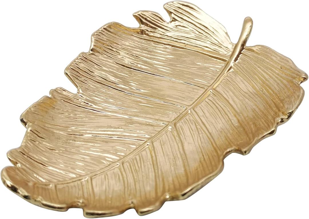 Metal Jewelry Dish, Small Leaf Shaped Ring Holder Jewelry Organizer, Trinket Dish Vanity Tray for Dresser Christmas Birthday Wedding Gifts Elm Leaves-Gold